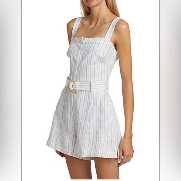 Jonathan Simkhai Yara Pinstripe Linen-Blend Belted Romper - Picture 2 of 3